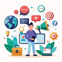 a man is standing in front of a computer with social icons around him vector