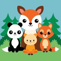 Adorable Panda, Foxes, and Bear Cub in Forest Setting vector