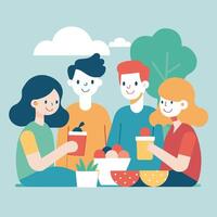 Happy Friends Enjoying Outdoor Picnic with Fruits and Drinks vector