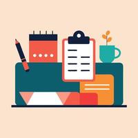 Organized Workspace Desk Essentials, Planner, Notes, and Coffee vector