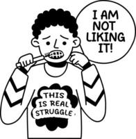 A glyph sticker of a character brushing teeth with not liking it text vector