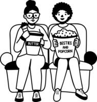 A glyph striker of two besties watching movie and eating popcorns vector