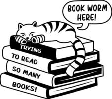 A glyph sticker of a cat lying on a book with bookworm here typography vector