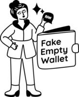 A glyph sticker of a character with fake empty wallet typography vector
