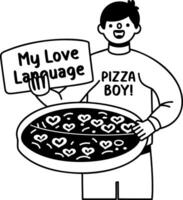 A glyph sticker of a pizza boy holding a board written my love language on it vector
