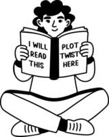 A glyph sticker of a character reading a book with twist typography vector