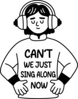 A glyph sticker of a character wearing headphone with sing along typography vector