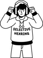 A glyph sticker of a person listening music with selective hearing typography vector