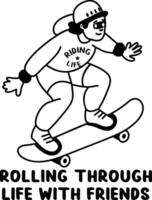 A glyph sticker of a skateboarding man with life with friends typography vector