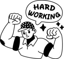 A glyph sticker of a muscle character with hardworking typography vector