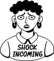 A glyph sticker of a sad character with shock incoming typography vector