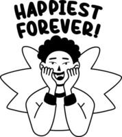 A glyph sticker of smiling character with happiest forever typography vector