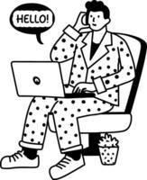 A glyph sticker of a character working on a laptop say hello on a mobile call vector