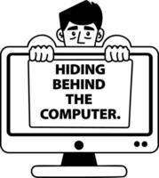 A glyph sticker of a character hiding behind the computer vector