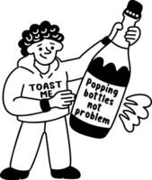 A glyph sticker of a character with popping bottles not problem typography vector