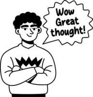 A glyph sticker of a character with wow great thought typography vector