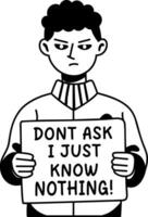 A glyph sticker of an irritate character holding board written know nothing typography vector