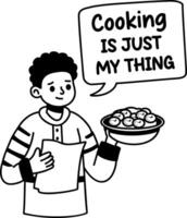 A glyph sticker of a character cooking food with sarcastic typography vector
