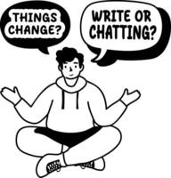 A glyph sticker of sitting character with things change typography vector