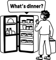 A glyph sticker of a character checking fridge with whats dinner typography vector