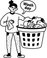 A glyph sticker of a character holding laundry basket with wash day typography vector