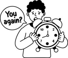 A glyph sticker of a character holding an alarm clock with you again typography vector