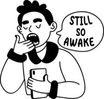 A glyph sticker of a yawning character with still so awake typography vector