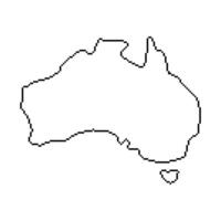 Pixelated outline map of Australia, including the mainland and Tasmania. It consists of black, blocky lines that depict the shape of the country's border against a white background. vector