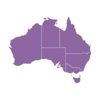 Purple map of Australia with clear state borders. High-detail design, perfect for infographics, education, and graphic projects. Includes major territories, isolated on a white background. vector