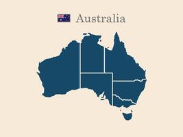 Illustration of a map of Australia divided into states and territories. White flat map with black borders on a white background, featuring the national flag. vector