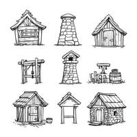 Rustic Buildings and Barn Structures in Line Art vector