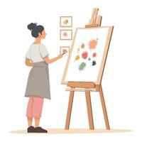 Young Artist Focusing on Painting with Bright Colors on Canvas vector