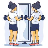 Woman Lifting Dumbbells in Front of a Mirror at the Gym vector