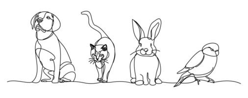 A single line art set consisting of cat, dog, rabbit and bird figures reflecting the pet culture in the city with simple lines. vector