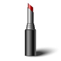 Red lipstick in black tube with shadow. Realistic open tube mock up vector