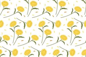 Bright yellow floral pattern with green leaves on a white background for textile design vector