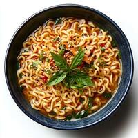 Steaming ramen noodles in a bowl isolated on a clean white background with shadow featuring traditional Asian flavors perfect for hearty meal concepts and food-related visuals photo