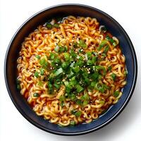 Ramen noodles in a bowl isolated on white background with shadow showcasing wavy noodles in a flavorful soup perfect for visuals focused on authentic Asian cuisine and comfort meals photo