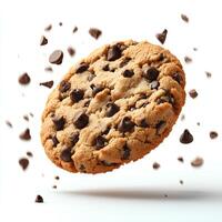 chocolate chip cookie with pieces of chocolate and dough falling mid-air isolated on a white background creating a dynamic visual ideal for sweet treat campaigns photo