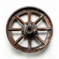 Rusty wheel showing eight spokes and central hub on white background photo