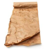 Crumpled brown paper scroll showing folded edges and wrinkled texture on white background photo