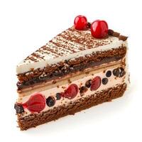 Delicious piece of chocolate cake with berries and cream displaying layers photo