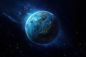 Planet earth rotating in space with glowing blue atmosphere and stars photo