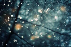 Sparkling winter forest with falling snow and bokeh effect photo