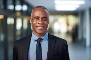 Confident mature executive smiling in modern office environment photo