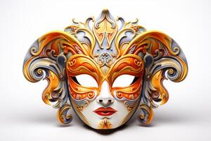 Venetian mask with orange and gray decorations representing a fantasy character is posing on a white background photo