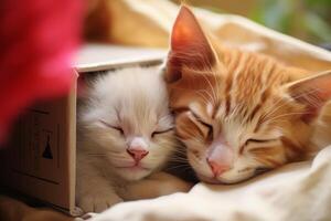 Two kittens sleeping together in cardboard box photo