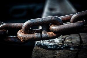 Rusty broken chain is hanging and about to break, concept of weakness photo