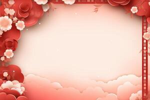 Red floral papercut frame with clouds creating copy space photo