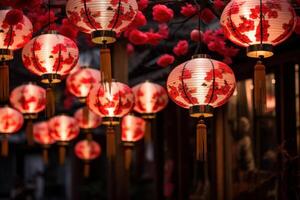 Red lanterns illuminating a chinese new year celebration in a moody setting photo